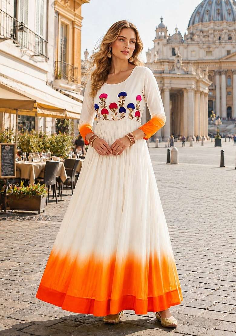 Orange Embroidered Georgette Anarkali - Indya