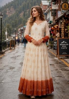 Brown Embroidered Silk Blend Anarkali