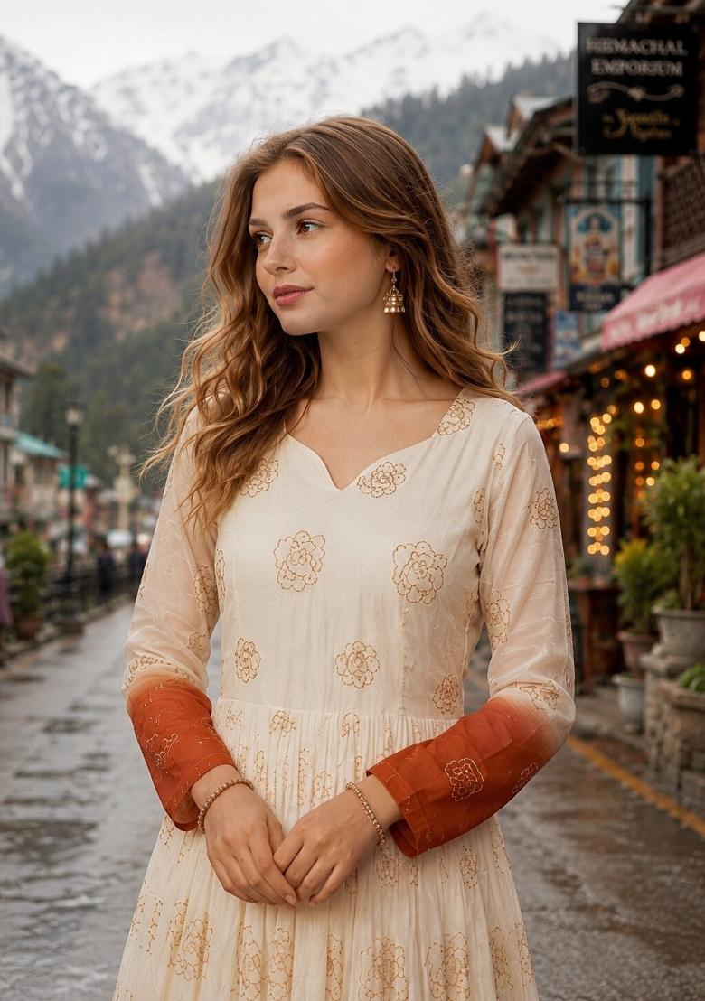 Brown Embroidered Silk Blend Anarkali - Indya