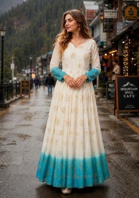 Blue Embroidered Silk Blend Anarkali
