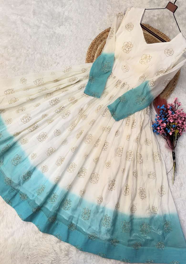 Blue Embroidered Silk Blend Anarkali - Indya