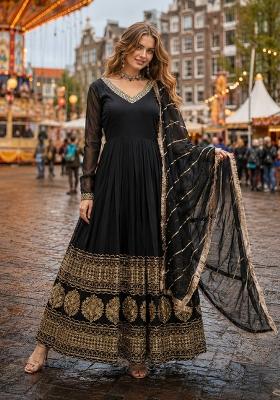 Black Embroidered Georgette Anarkali With Dupatta
