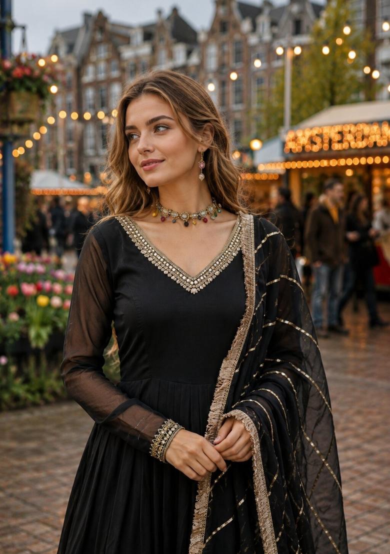Black Embroidered Georgette Anarkali With Dupatta - Indya