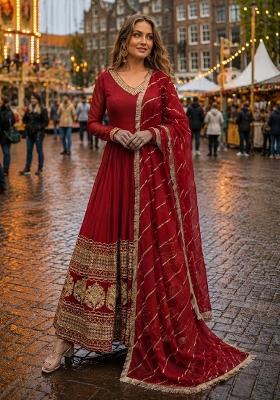 Maroon Embroidered Georgette Anarkali With Dupatta