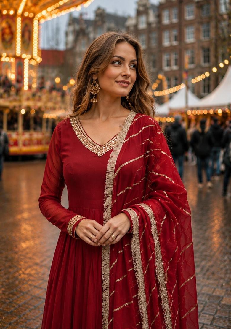 Maroon Embroidered Georgette Anarkali With Dupatta - Indya