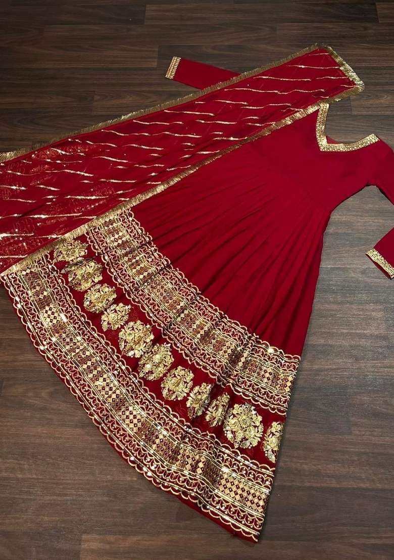 Maroon Embroidered Georgette Anarkali With Dupatta - Indya