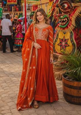 Orange Embroidered Silk Blend Anarkali With Dupatta