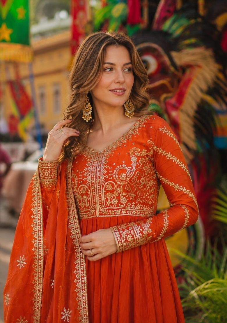 Orange Embroidered Silk Blend Anarkali With Dupatta - Indya