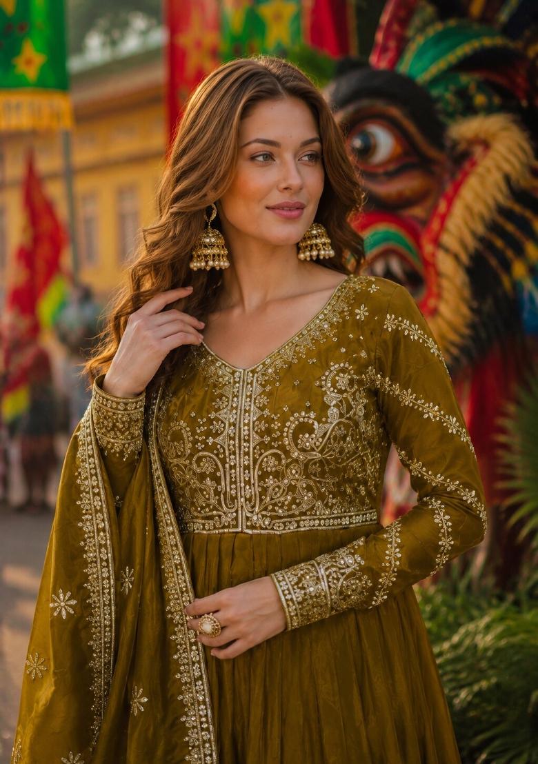 Mehendi Green Embroidered Silk Blend Anarkali With Dupatta - Indya