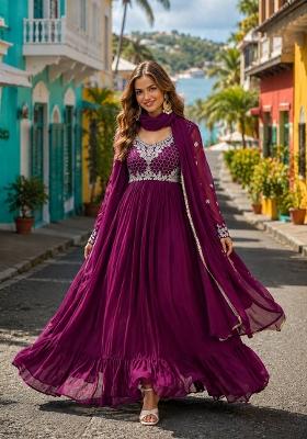 Purple Embroidered Georgette Anarkali With Dupatta