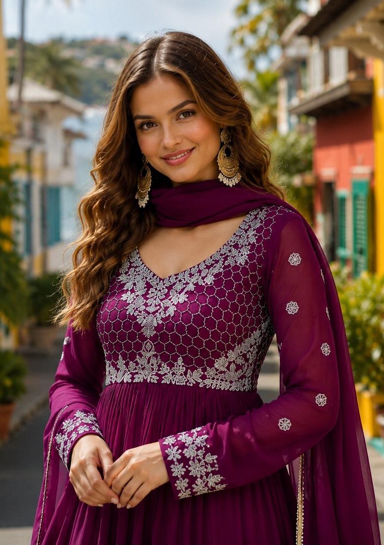 Purple Embroidered Georgette Anarkali With Dupatta - Indya
