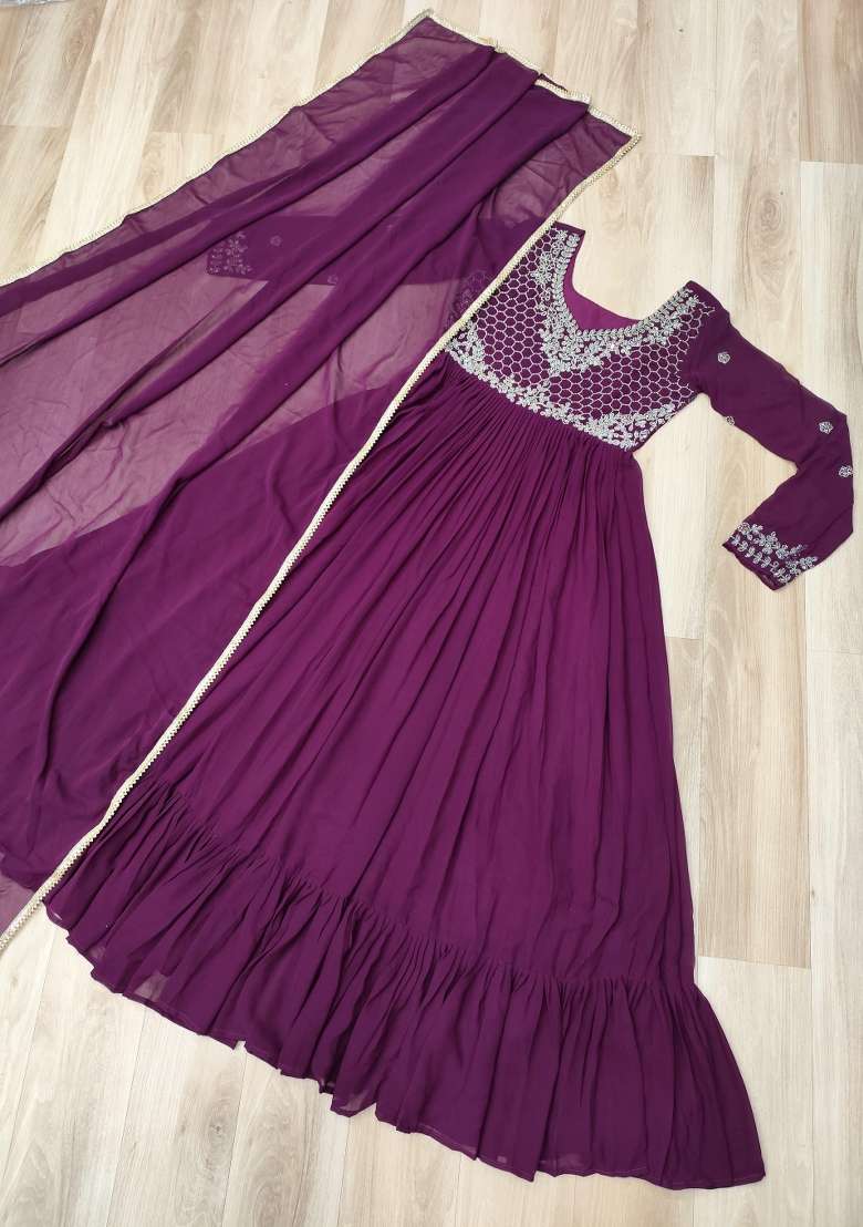 Purple Embroidered Georgette Anarkali With Dupatta - Indya