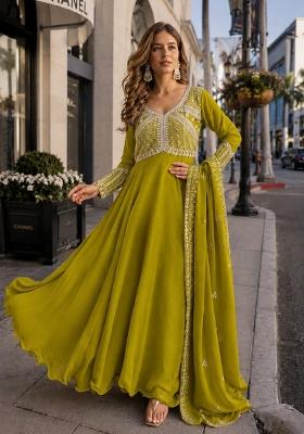 Mustard Sequin Georgette Anarkali With Dupatta