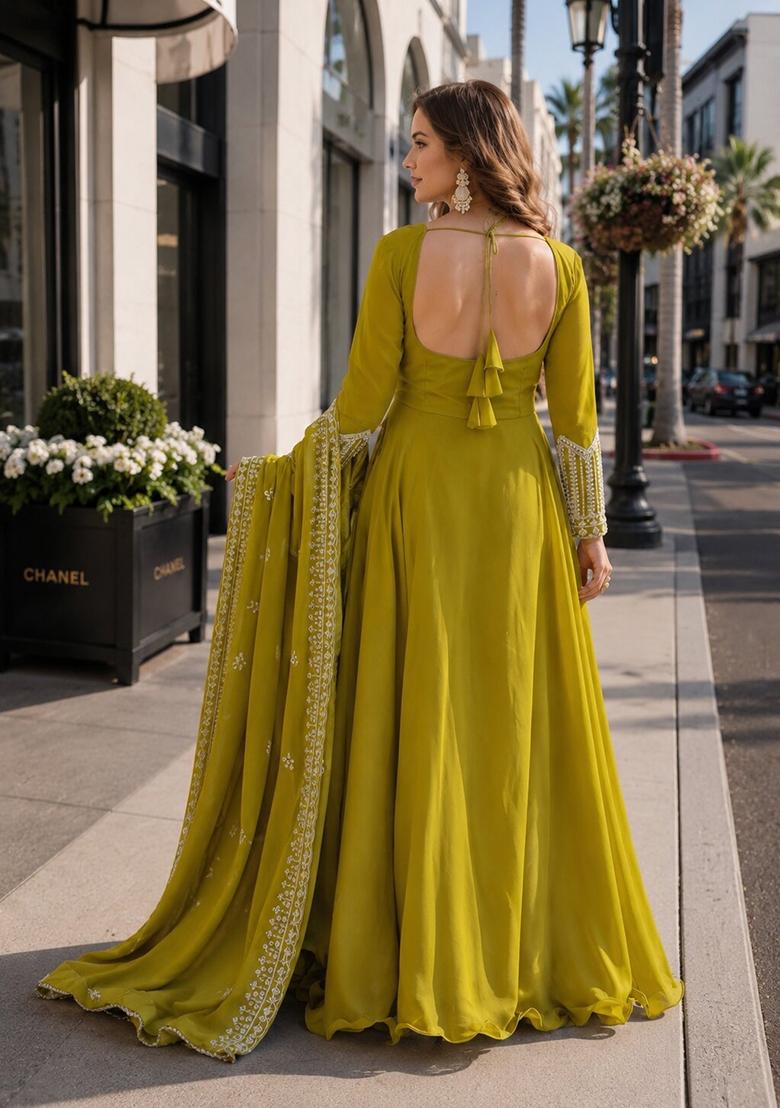 Mustard Sequin Georgette Anarkali With Dupatta - Indya
