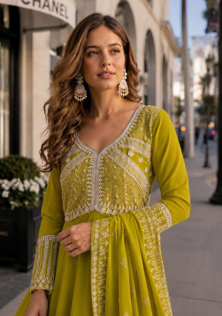 Mustard Sequin Georgette Anarkali With Dupatta - Indya