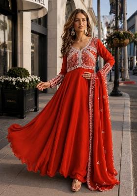 Orange Sequin Georgette Anarkali With Dupatta