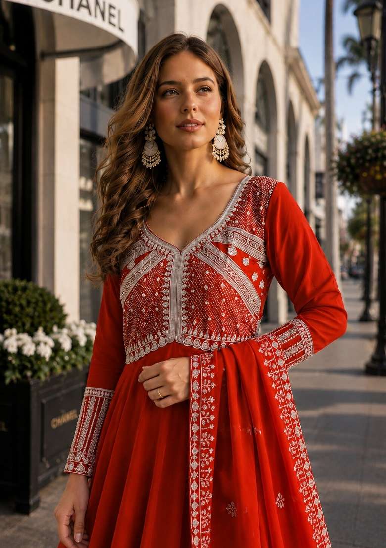Orange Sequin Georgette Anarkali With Dupatta - Indya