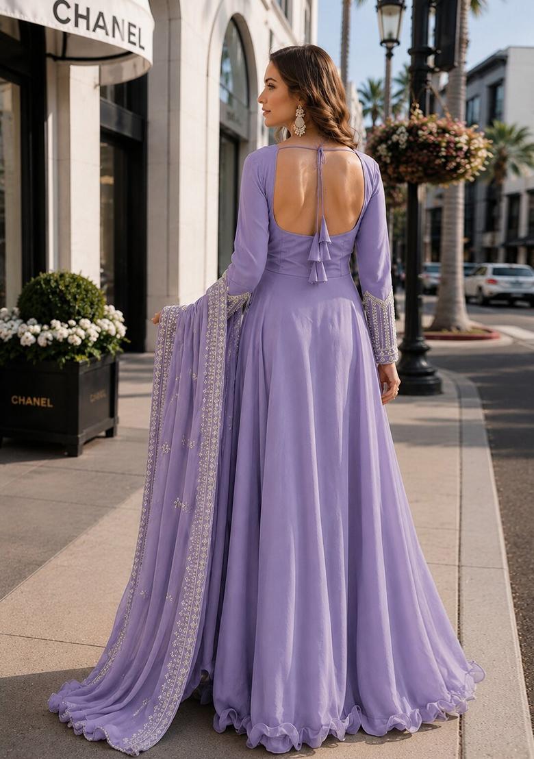 Lavender Sequin Georgette Anarkali With Dupatta - Indya