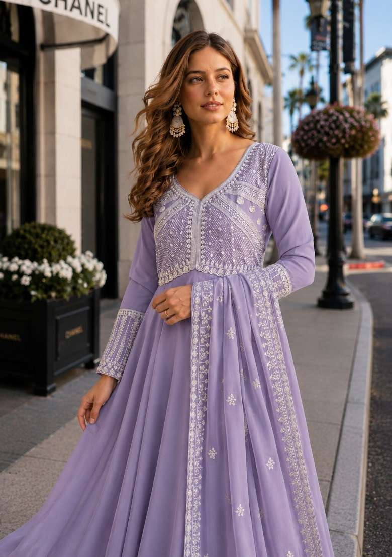 Lavender Sequin Georgette Anarkali With Dupatta - Indya