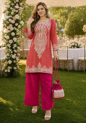 Peach Sequin Viscose Kurta Set