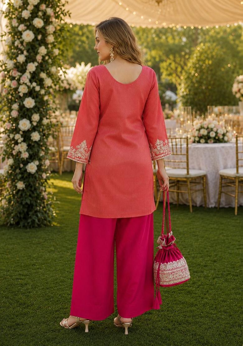 Peach Sequin Viscose Kurta Set - Indya