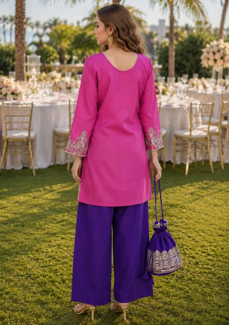 Pink Sequin Viscose Kurta Set - Indya
