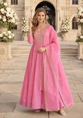 Pink Sequin Silk Blend Anarkali With Dupatta