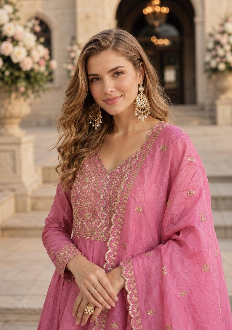 Pink Sequin Silk Blend Anarkali With Dupatta - Indya