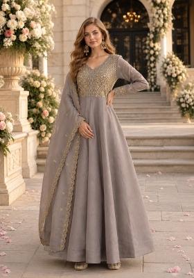 Grey Sequin Silk Blend Anarkali With Dupatta
