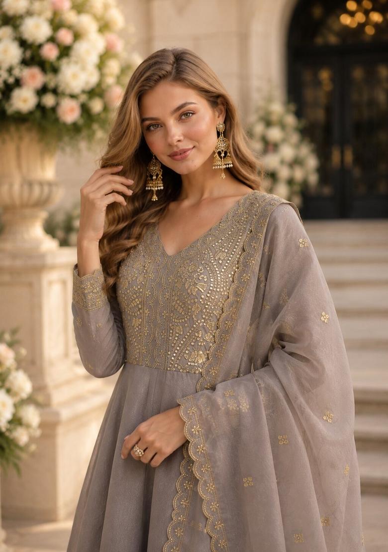 Grey Sequin Silk Blend Anarkali With Dupatta - Indya