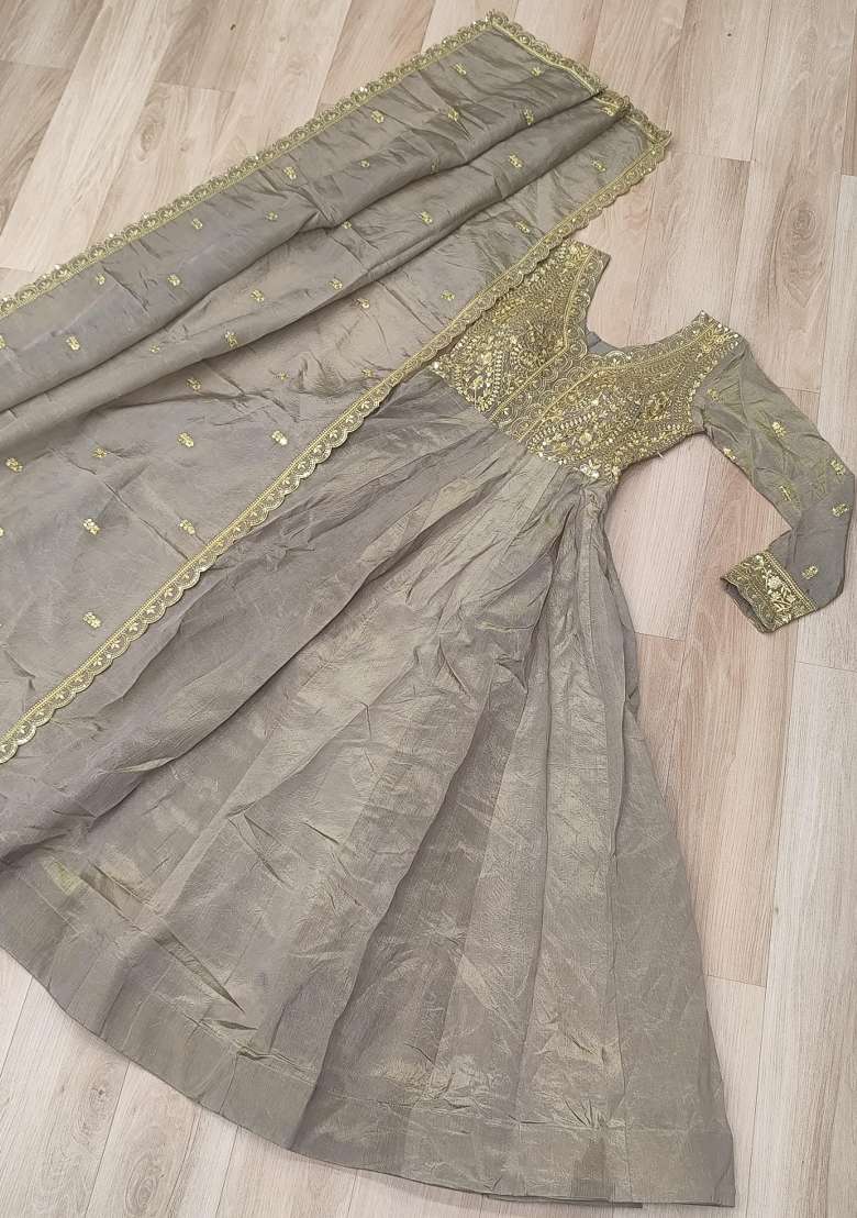Grey Sequin Silk Blend Anarkali With Dupatta - Indya