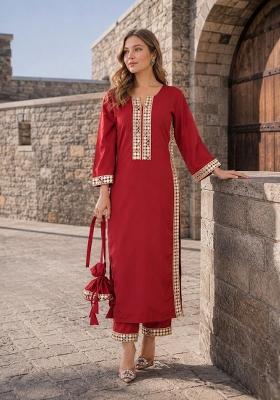 Maroon Mirror Work Crepe Kurta Set