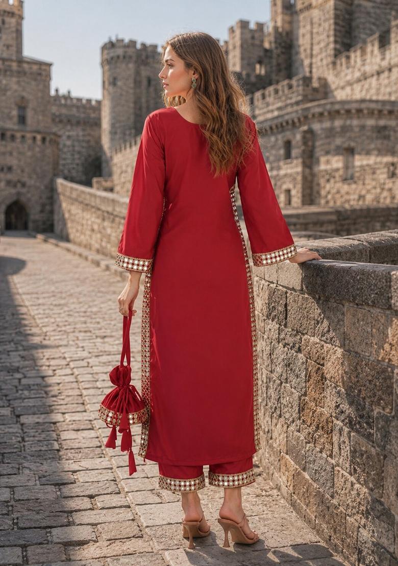 Maroon Mirror Work Crepe Kurta Set - Indya