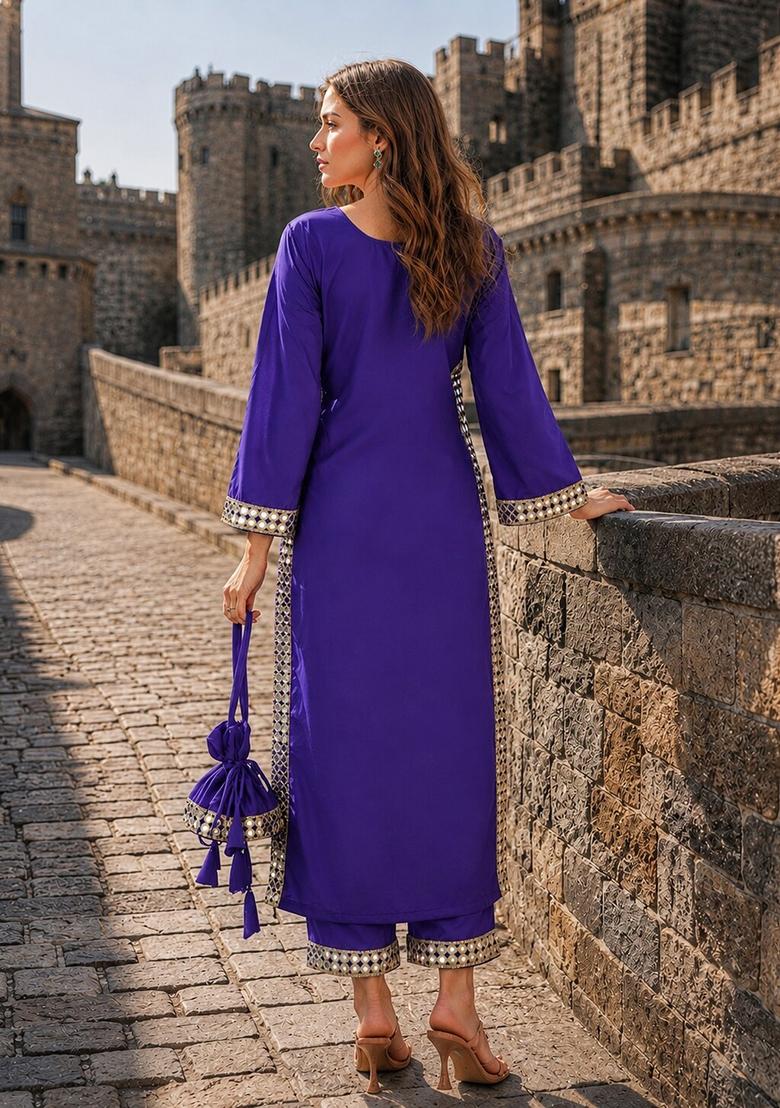 Violet Mirror Work Crepe Kurta Set - Indya