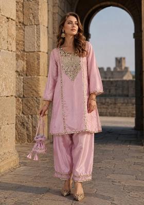 Lavender Embroidered Silk Blend Kurta Set