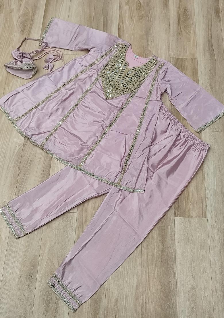 Lavender Embroidered Silk Blend Kurta Set - Indya