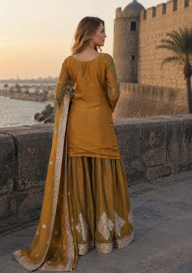 Mehendi Green Embroidered Chiffon Kurta Set - Indya