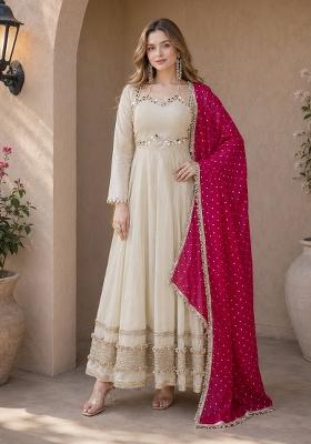 Pink Embroidered Silk Blend Anarkali With Dupatta