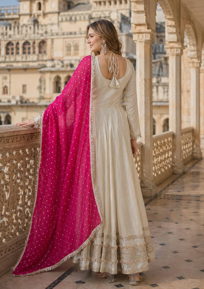 Pink Embroidered Silk Blend Anarkali With Dupatta - Indya