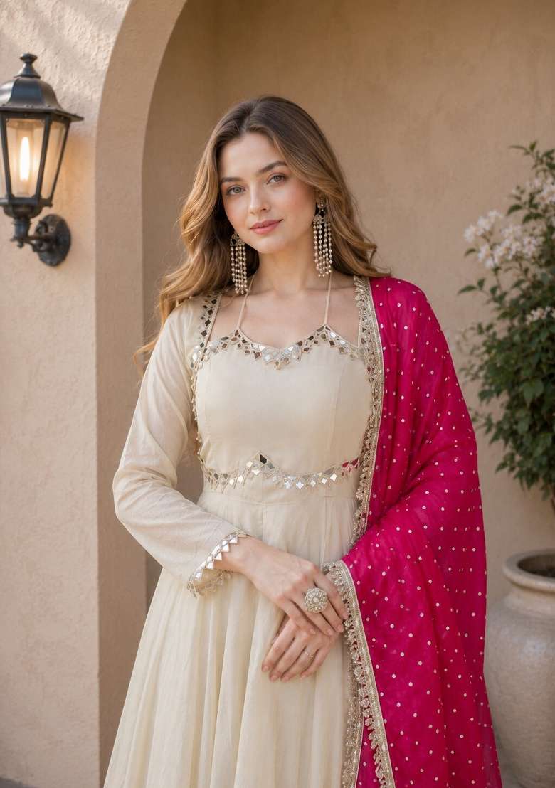 Pink Embroidered Silk Blend Anarkali With Dupatta - Indya
