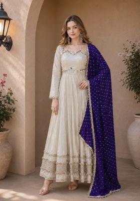 Violet Embroidered Silk Blend Anarkali With Dupatta