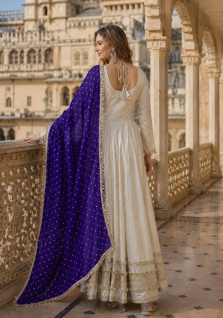 Violet Embroidered Silk Blend Anarkali With Dupatta - Indya