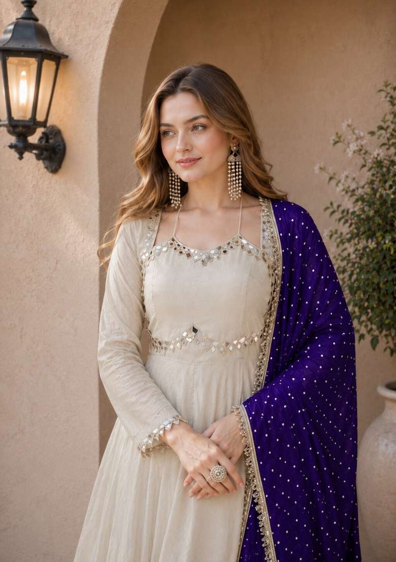 Violet Embroidered Silk Blend Anarkali With Dupatta - Indya