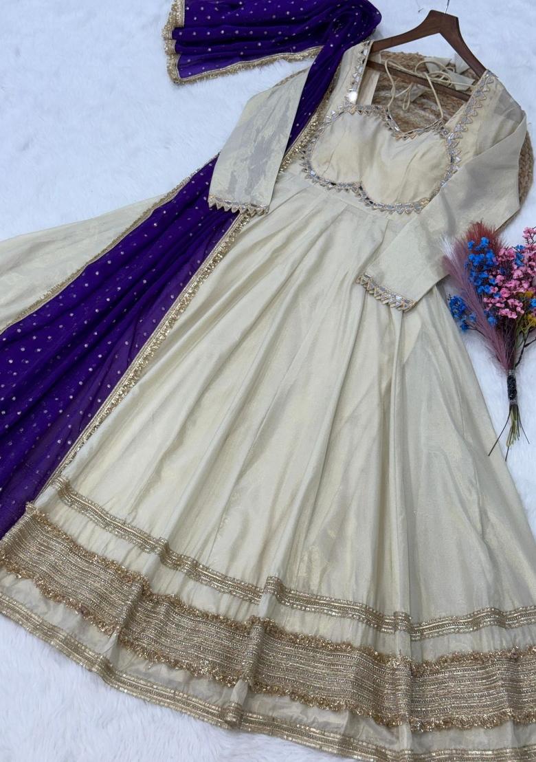 Violet Embroidered Silk Blend Anarkali With Dupatta - Indya