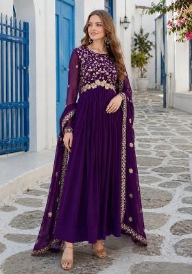 Violet Embroidered Georgette Anarkali With Dupatta