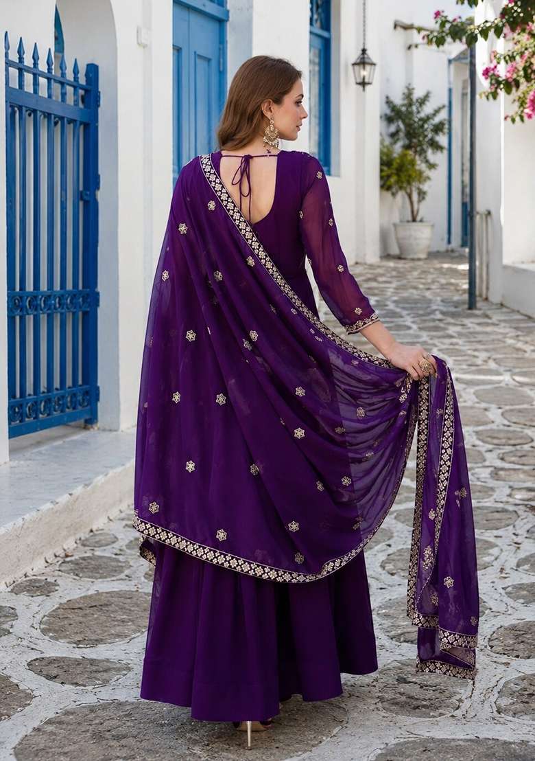Violet Embroidered Georgette Anarkali With Dupatta - Indya
