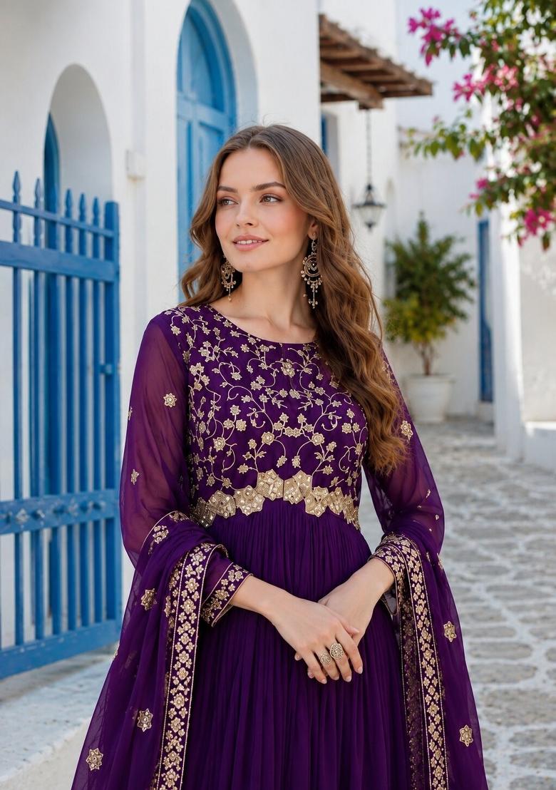 Violet Embroidered Georgette Anarkali With Dupatta - Indya