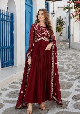 Maroon Embroidered Georgette Anarkali With Dupatta