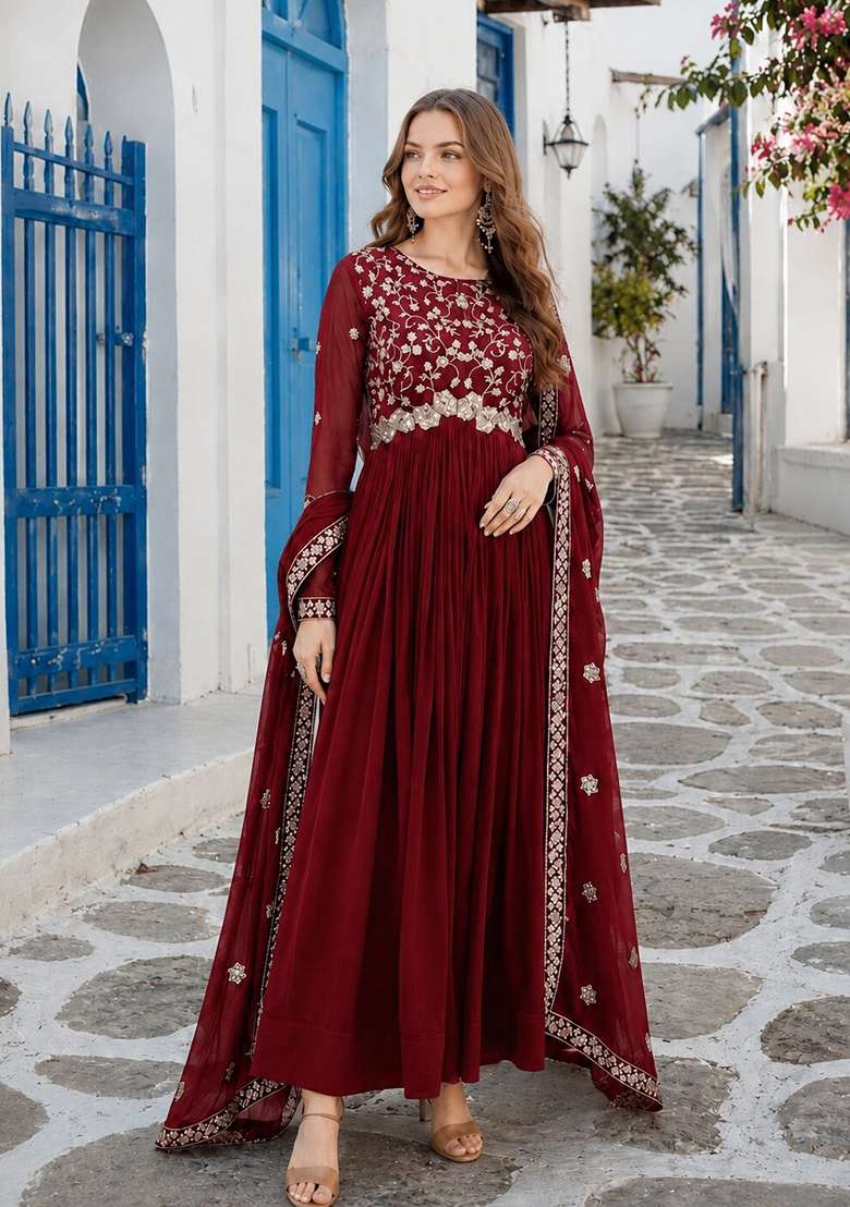 Maroon Embroidered Georgette Anarkali With Dupatta - Indya