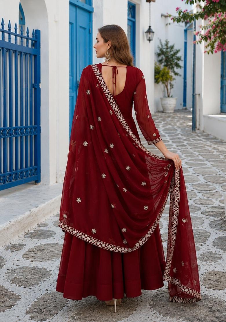Maroon Embroidered Georgette Anarkali With Dupatta - Indya